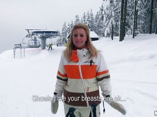 It's winter and very cold outside on that ski track but Nathaly shows us her large sweet boobs for some cash. She's one hell of a blonde, a nice-looking face, long hair and large sexy boobs. Nathaly is a greedy bitch and for some additional specie that babe will do a lot, wanna find out what?