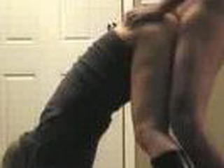 Guy fucking his wife doggy style whilst standing that babe supports herself with hands on the floor, nice fucking action.