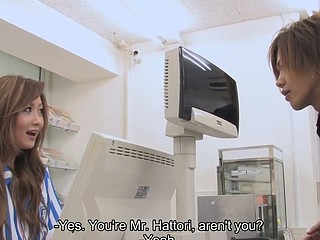 Shy cashier hottie Hibiki Ohtsuki in fishnet nylons acquires tempted by her former teacher and then banged pretty hard by him and his friends hardcore in the supermarket, getting her hirsute vagina all soaked and stretched as this babe gives a hawt blow job sex session